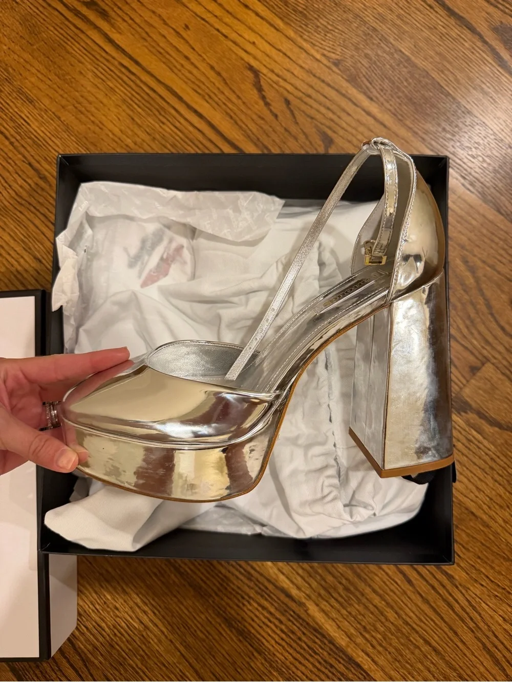 Larroude Silver Metallic Platform Slingback Heels